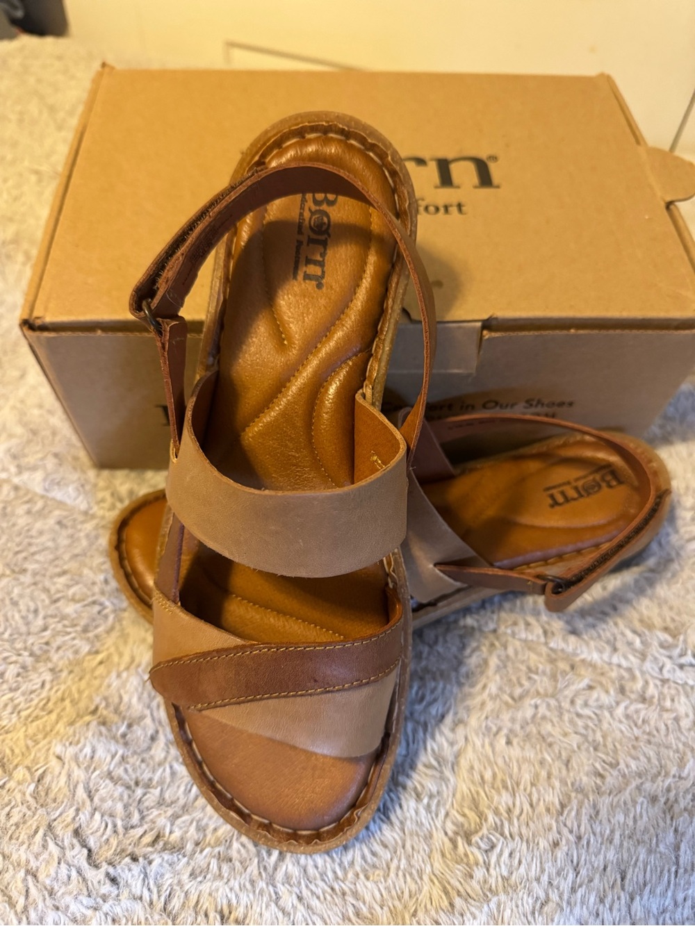 Born Two-Tone Tan/Brown Leather Slingback Sandals